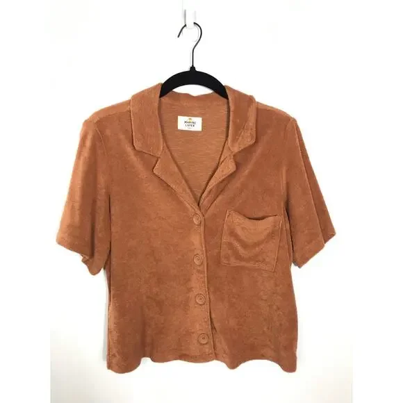 Marine Layer Set Women's Terry Out Resort Top Shorts Brown Casual Relaxed Vaca - Picture 3 of 16